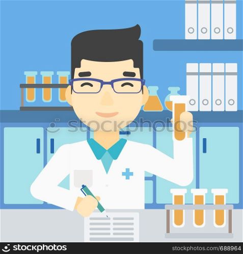 An asian laboratory assistant taking some notes. Laboratory assistant working with a test tube at the lab. Vector flat design illustration. Square layout.. Laboratory assistant working vector illustration.