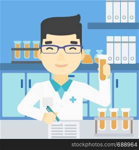 An asian laboratory assistant taking some notes. Laboratory assistant working with a test tube at the lab. Vector flat design illustration. Square layout.. Laboratory assistant working vector illustration.