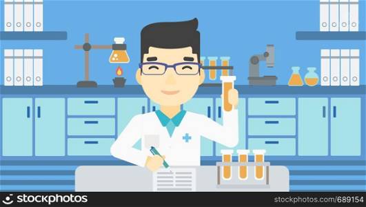 An asian laboratory assistant taking some notes. Laboratory assistant working with a test tube at the lab. Vector flat design illustration. Horizontal layout.. Laboratory assistant working vector illustration.