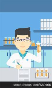 An asian laboratory assistant taking some notes. Laboratory assistant working with a test tube at the lab. Vector flat design illustration. Vertical layout.. Laboratory assistant working vector illustration.