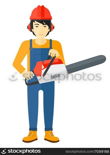 An asian lumberjack holding a chainsaw vector flat design illustration isolated on white background. . Cheerful lumberjack with chainsaw.