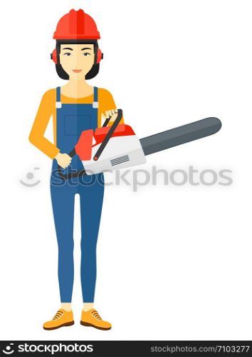 An asian lumberjack holding a chainsaw vector flat design illustration isolated on white background. . Lumberjack with chainsaw.