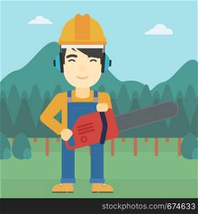 An asian lumberjack in helmet holding a chainsaw on a forest background. Vector flat design illustration. Square layout.. Lumberjack with chainsaw vector illustration.