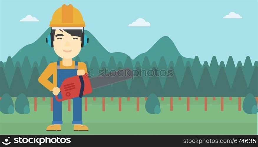 An asian lumberjack in helmet holding a chainsaw on a forest background. Vector flat design illustration. Horizontal layout.. Lumberjack with chainsaw vector illustration.