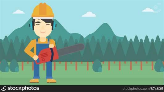 An asian lumberjack in helmet holding a chainsaw on a forest background. Vector flat design illustration. Horizontal layout.. Lumberjack with chainsaw vector illustration.
