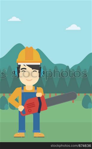 An asian lumberjack in helmet holding a chainsaw on a forest background. Vector flat design illustration. Vertical layout.. Lumberjack with chainsaw vector illustration.