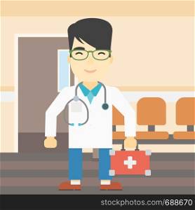 An asian male doctor holding first aid box. Doctor in uniform with first aid kit standing in the hospital corridor. Vector flat design illustration. Square layout.. Doctor with first aid box vector illustration.