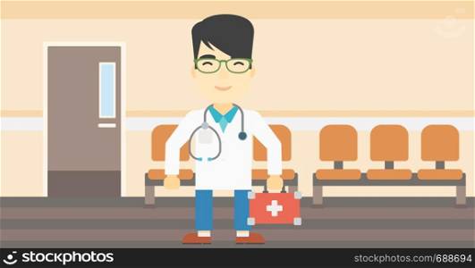 An asian male doctor holding first aid box. Doctor in uniform with first aid kit standing in the hospital corridor. Vector flat design illustration. Horizontal layout.. Doctor with first aid box vector illustration.