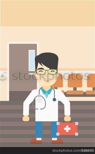 An asian male doctor holding first aid box. Doctor in uniform with first aid kit standing in the hospital corridor. Vector flat design illustration. Vertical layout.. Doctor with first aid box vector illustration.