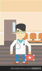 An asian male doctor holding first aid box. Doctor in uniform with first aid kit standing in the hospital corridor. Vector flat design illustration. Vertical layout.. Doctor with first aid box vector illustration.