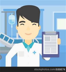 An asian male doctor showing clipboard with prescription. Doctor holding clipboard on the background of hospital room. Vector flat design illustration. Square layout.. Doctor with clipboard vector illustration.