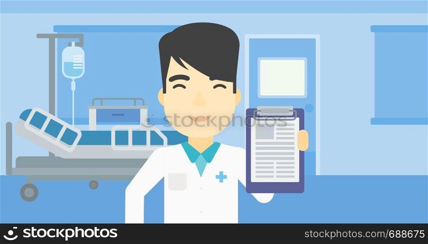 An asian male doctor showing clipboard with prescription. Doctor holding clipboard on the background of hospital room. Vector flat design illustration. Horizontal layout.. Doctor with clipboard vector illustration.
