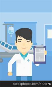An asian male doctor showing clipboard with prescription. Doctor holding clipboard on the background of hospital room. Vector flat design illustration. Vertical layout.. Doctor with clipboard vector illustration.