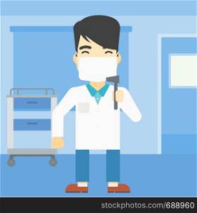 An asian male ear nose throat doctor standing in the medical office. Doctor with tools used for examination of ear, nose, throat. Vector flat design illustration. Square layout.. Ear nose throat doctor vector illustration.