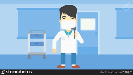 An asian male ear nose throat doctor standing in the medical office. Doctor with tools used for examination of ear, nose, throat. Vector flat design illustration. Horizontal layout.. Ear nose throat doctor vector illustration.