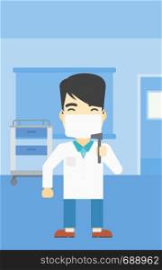 An asian male ear nose throat doctor standing in the medical office. Doctor with tools used for examination of ear, nose, throat. Vector flat design illustration. Vertical layout.. Ear nose throat doctor vector illustration.