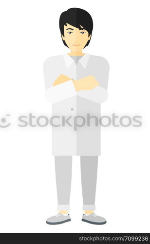 An asian male laboratory assistant vector flat design illustration isolated on white background. . Male laboratory assistant.