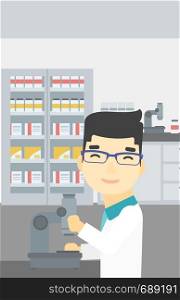 An asian male laboratory assistant working with microscope at the laboratory. Young scientist using a microscope in a laboratory. Vector flat design illustration. Vertical layout.. Laboratory assistant with microscope.