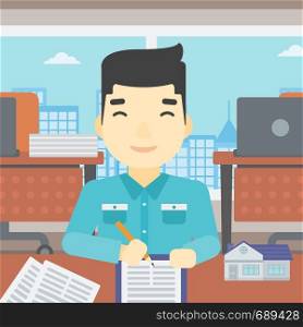 An asian male real estate agent signing a contract. Young real estate agent sitting at workplace in office with a house model on the table. Vector flat design illustration. Square layout.. Real estate agent signing contract.