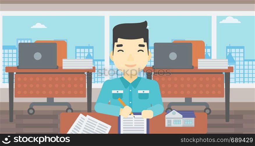 An asian male real estate agent signing a contract. Young real estate agent sitting at workplace in office with a house model on the table. Vector flat design illustration. Horizontal layout.. Real estate agent signing contract.