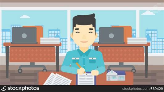 An asian male real estate agent signing a contract. Young real estate agent sitting at workplace in office with a house model on the table. Vector flat design illustration. Horizontal layout.. Real estate agent signing contract.