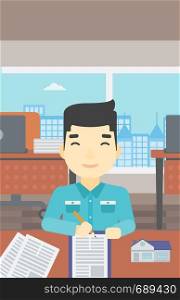 An asian male real estate agent signing a contract. Young real estate agent sitting at workplace in office with a house model on the table. Vector flat design illustration. Vertical layout.. Real estate agent signing contract.