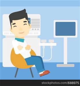 An asian male ultrasound doctor sitting with arms crossed. Male doctor sitting near modern ultrasound equipment at medical office. Vector flat design illustration. Square layout.. Male ultrasound doctor vector illustration.