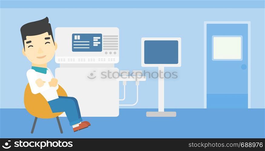 An asian male ultrasound doctor sitting with arms crossed. Male doctor sitting near modern ultrasound equipment at medical office. Vector flat design illustration. Horizontal layout.. Male ultrasound doctor vector illustration.