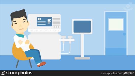 An asian male ultrasound doctor sitting with arms crossed. Male doctor sitting near modern ultrasound equipment at medical office. Vector flat design illustration. Horizontal layout.. Male ultrasound doctor vector illustration.