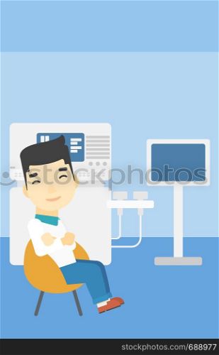 An asian male ultrasound doctor sitting with arms crossed. Male doctor sitting near modern ultrasound equipment at medical office. Vector flat design illustration. Vertical layout.. Male ultrasound doctor vector illustration.