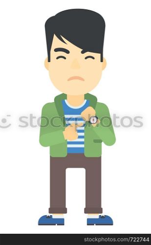 An asian man angry boss pointing at wrist watch vector flat design illustration isolated on white background. Vertical layout.. Angry boss pointing at wrist watch.