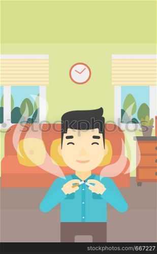 An asian man breaking the cigarette. Man crushing cigarette. Man holding broken cigarette on the background of living room. Quit smoking concept. Vector flat design illustration. Vertical layout.. Young man quitting smoking vector illustration.