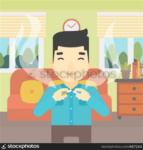 An asian man breaking the cigarette. Man crushing cigarette. Man holding broken cigarette on the background of living room. Quit smoking concept. Vector flat design illustration. Square layout.. Young man quitting smoking vector illustration.