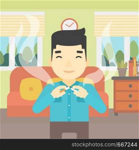 An asian man breaking the cigarette. Man crushing cigarette. Man holding broken cigarette on the background of living room. Quit smoking concept. Vector flat design illustration. Square layout.. Young man quitting smoking vector illustration.