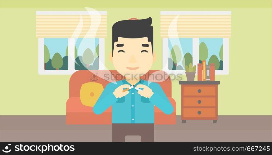 An asian man breaking the cigarette. Man crushing cigarette. Man holding broken cigarette on the background of living room. Quit smoking concept. Vector flat design illustration. Horizontal layout. Young man quitting smoking vector illustration.