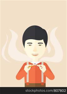 An asian man breaking the cigarette vector flat design illustration. Vertical layout with a text space.. Stop smoking.