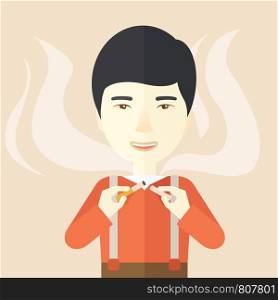 An asian man breaking the cigarette vector flat design illustration. Square layout.. Stop smoking.