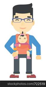 An asian man carrying a baby in sling vector flat design illustration isolated on white background. . Man holding baby in sling.