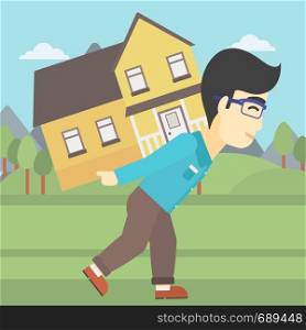 An asian man carrying a big house on his back on the background of mountains. Vector flat design illustration. Square layout.. Man carrying house vector illustration.