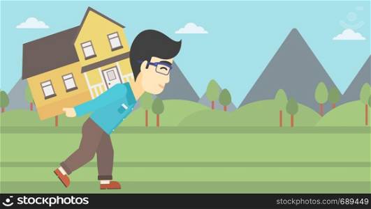 An asian man carrying a big house on his back on the background of mountains. Vector flat design illustration. Horizontal layout.. Man carrying house vector illustration.