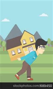 An asian man carrying a big house on his back on the background of mountains. Vector flat design illustration. Vertical layout.. Man carrying house vector illustration.