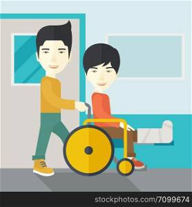 An asian man carrying a patient with broken leg in the wheelchair vector flat design illustration. Square layout.. Patient in wheelchair.