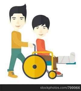 An asian man carrying a patient with broken leg in the wheelchair vector flat design illustration isolated on white background. Square layout.. Patient in wheelchair.