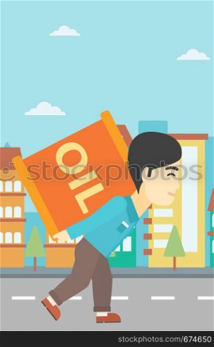 An asian man carrying an oil barrel on his back. Man with oil barrel walking on a city background. Man with oil barrel on his back. Vector flat design illustration. Vertical layout.. Man with oil can vector illustration.