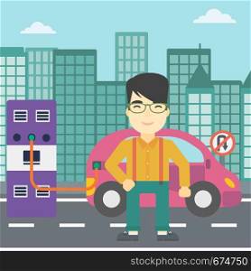 An asian man charging electric car at charging station in the city. Man standing near power supply for electric car charging. Vector flat design illustration. Square layout.. Charging of electric car vector illustration.
