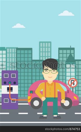 An asian man charging electric car at charging station in the city. Man standing near power supply for electric car charging. Vector flat design illustration. Vertical layout.. Charging of electric car vector illustration.