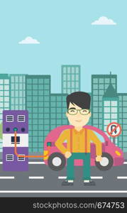 An asian man charging electric car at charging station in the city. Man standing near power supply for electric car charging. Vector flat design illustration. Vertical layout.. Charging of electric car vector illustration.