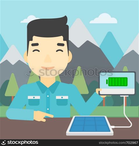 An asian man charging tablet computer with solar panel on the background of mountains. Charging digital tablet from portable solar panel. Vector flat design illustration. Square layout.. Solar panel charging tablet computer.