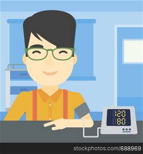An asian man checking his blood pressure with digital blood pressure meter. Man taking care of his health and measuring blood pressure in hospital room. Vector flat design illustration. Square layout.. Blood pressure measurement vector illustration.