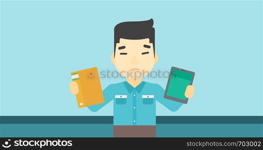 An asian man choosing between a tablet computer and a paper book. Man holding book in one hand and tablet computer in the other. Vector flat design illustration. Horizontal layout.. Man choosing between book and tablet computer.